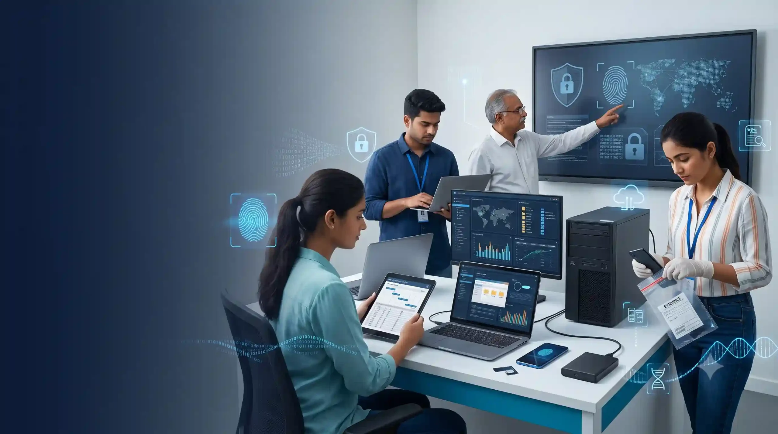 University cyber forensics lab में digital evidence और cyber security investigation की training लेते Indian students।