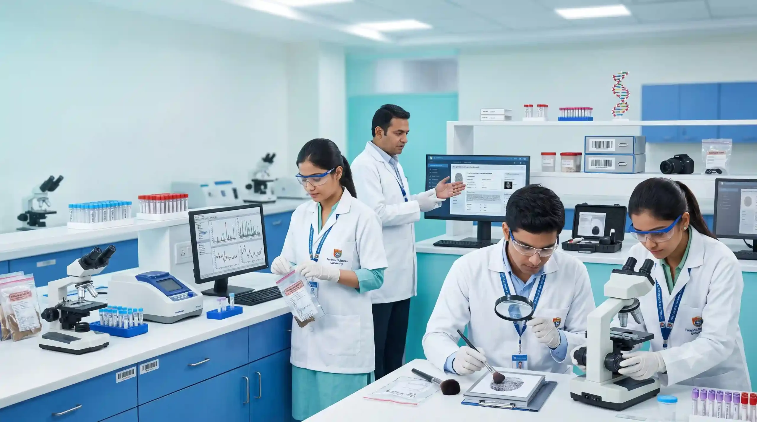 Forensic science laboratory में DNA, fingerprint और evidence analysis की practical training लेते Indian students।