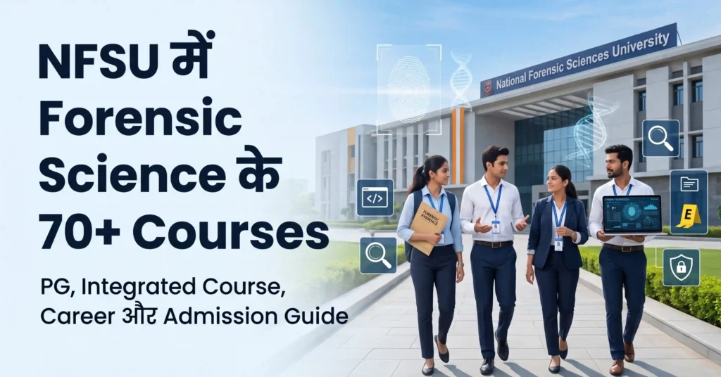 NFSU Forensic Science Courses के लिए featured image जिसमें Indian students, forensic laboratory, fingerprint, DNA और cyber forensics visuals दिखाए गए हैं।