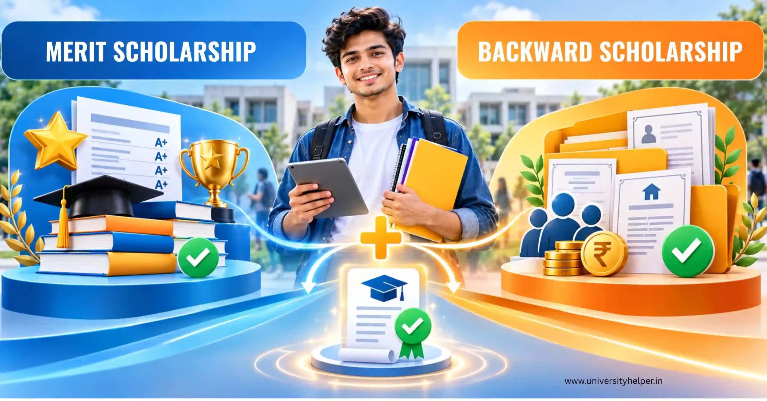 Merit Scholarship और Backward Scholarship दोनों के लाभ को दर्शाता NSP Scholarship 2026-27 infographic